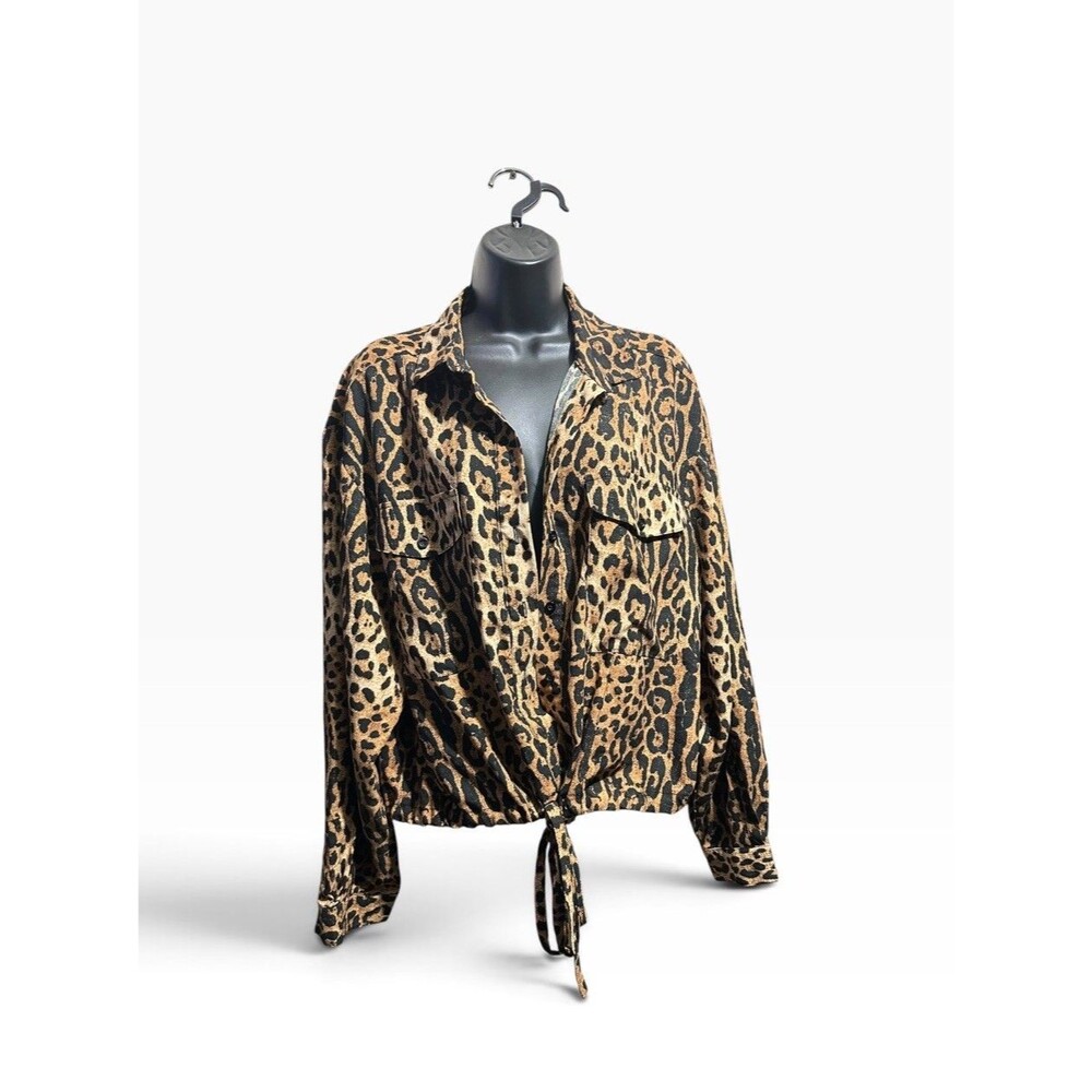 Y2K Leopard Print Safari Tie Front Shirt Women XL/16-18 Weekend Getaway Romantic